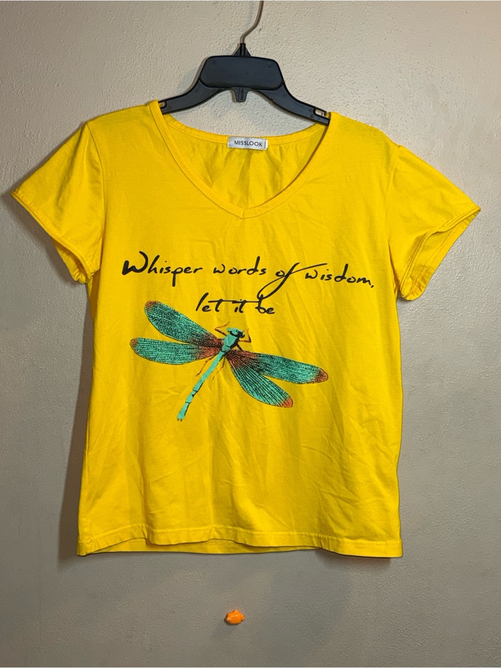 NWOT MISSLOOK Yellow V-Neck T ‘Whisper Words of Wisdom, Let it be’ sz Med